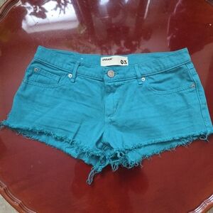 Garage Turquoise Teal Frayed Jean Flirty Festival Shorts Size 3 100% Cotton